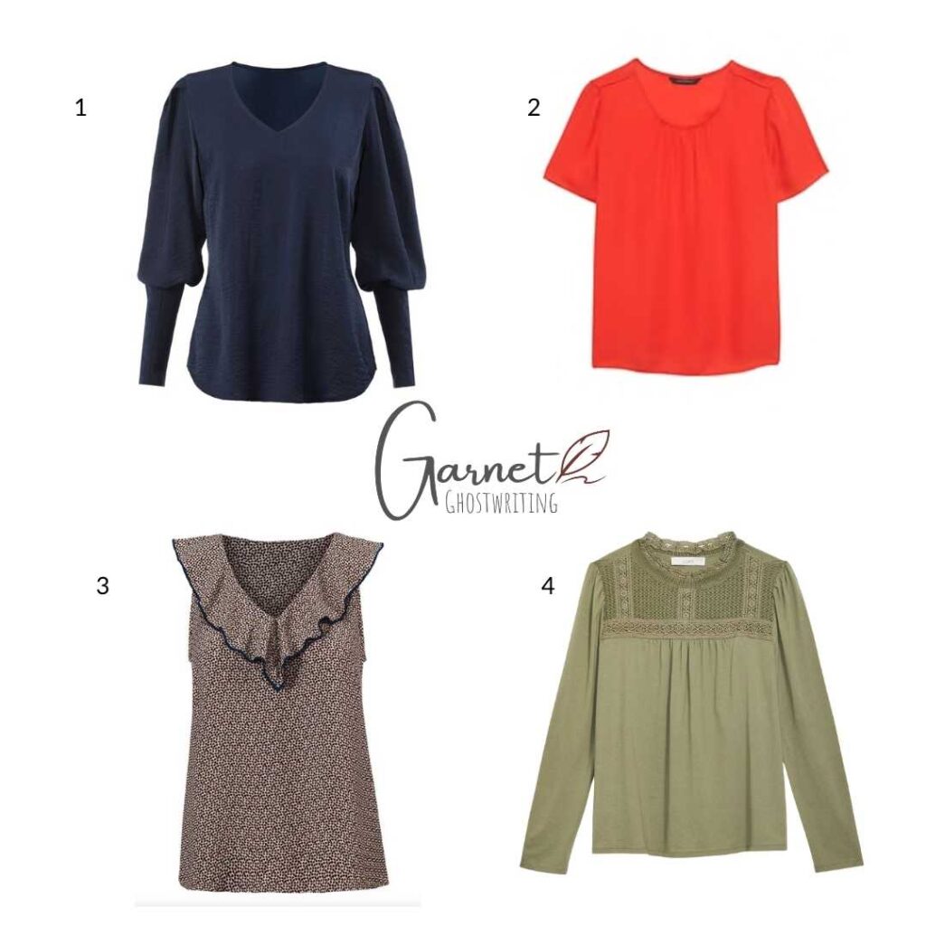 Four business casual tops to look better on Zoom; long sleeve blue v-neck top, short-sleeve red scoop neck top, sleeveless scatter print, and long sleeve lace yoke top
