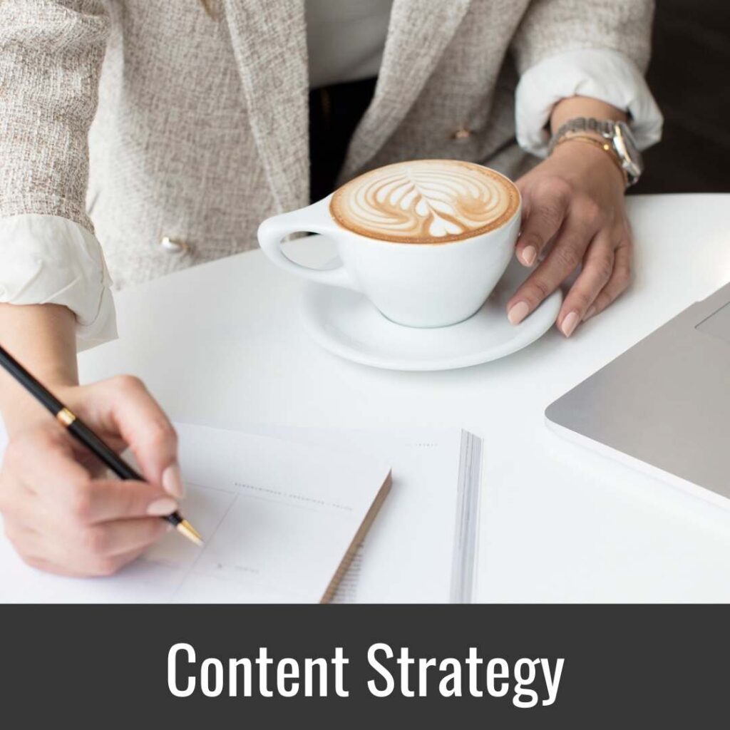Woman taking notes with coffee and laptop on table for content strategy image